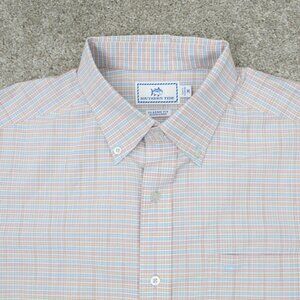 Southern Tide Shirt‎ Mens Medium Blue/Orange Space Dye Gingham Check Classic L/S